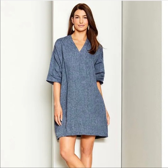 Bryn Walker Bingley Cross Dyed line V-Neck 3/4 Sleeve PocketedWaistless Dress